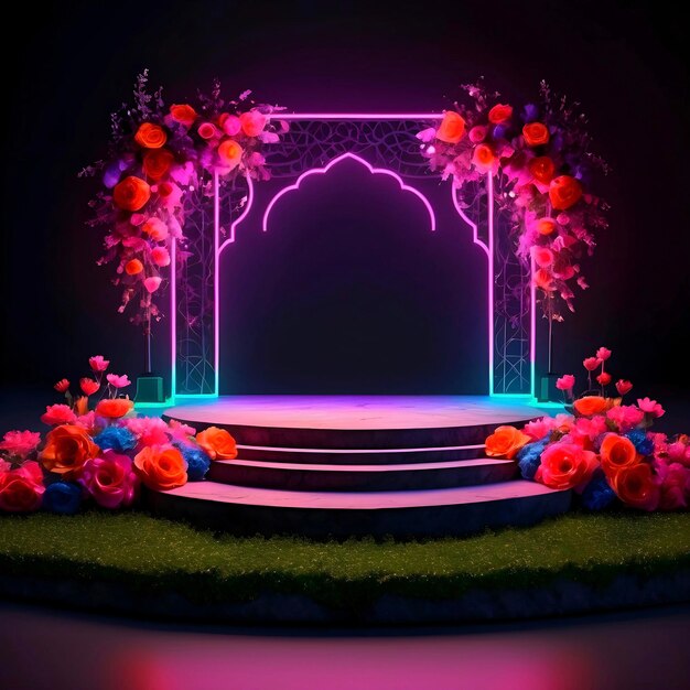 islamic stone stage amidst colorful wedding flowers in dark Neon lit illuminance