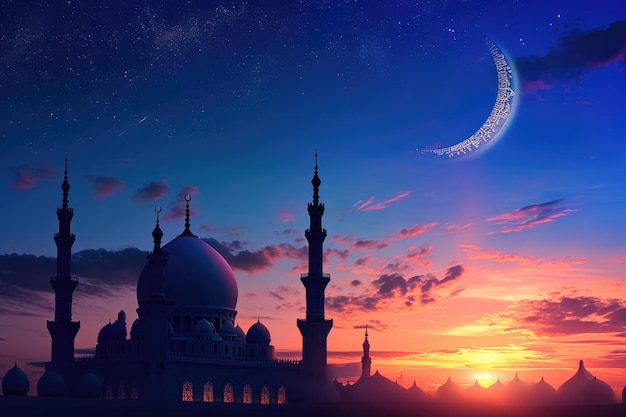 Islamic symbols and celebrations on twilight sky background