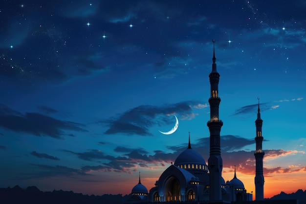 イスラムのシンボルと夕暮れの空の背景にお祝い