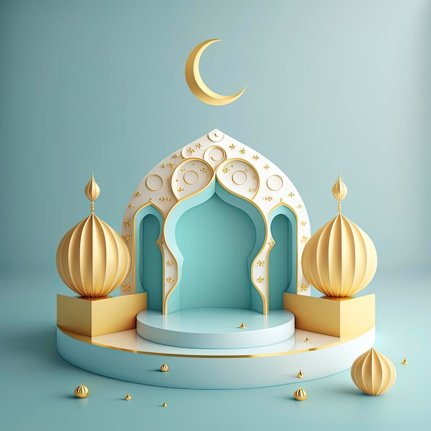 Islamic theme product display background in 3d rendering illustration design Mosque portal frame with podium or stage and empty space