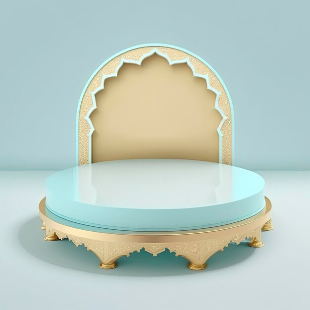 Islamic theme product display background in 3d rendering\
illustration design mosque portal frame with podium or stage and\
empty space