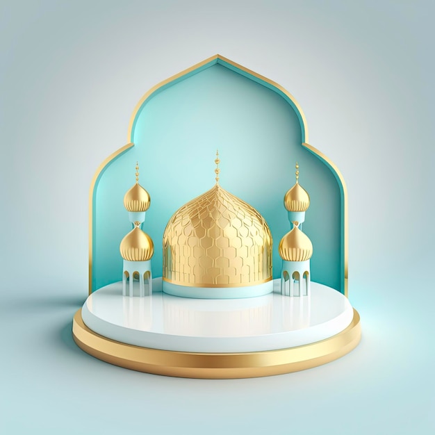3 d レンダリング イラスト デザインのイスラム テーマ製品表示背景表彰台またはステージと空きスペース モスク ポータル フレーム