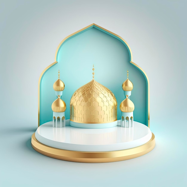 Islamic theme product display background in 3d rendering illustration design Mosque portal frame with podium or stage and empty space