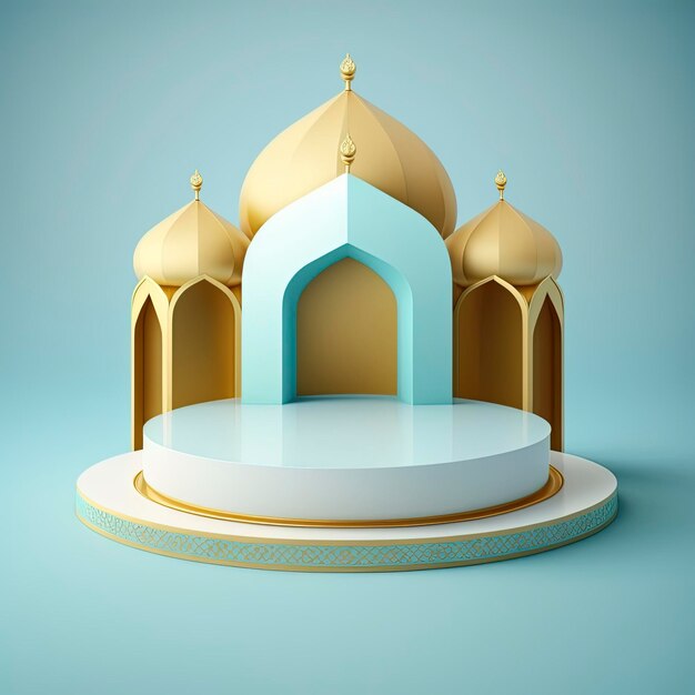 Islamic theme product display background in 3d rendering illustration design Mosque portal frame with podium or stage and empty space