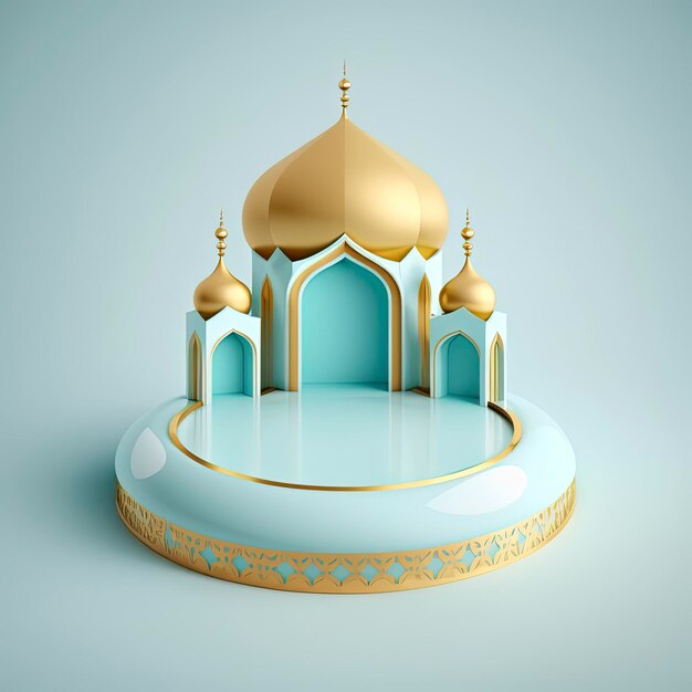 Islamic theme product display background in 3d rendering illustration design Mosque portal frame with podium or stage and empty space