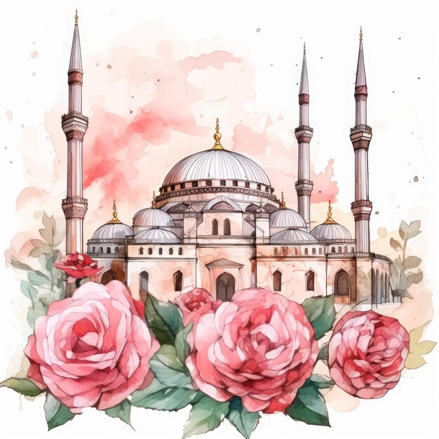 Исламская акварель мечети и линейное искусство Мусульманская мечеть акварель с цветочным и розовым брюхом