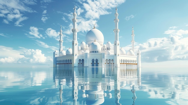 Photo islamic white mosque that is reflected in the water ramadan kareem holiday celebration concept