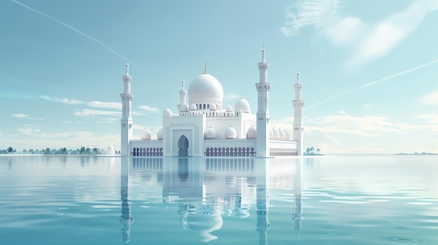 islamic white mosque that is reflected in the water ramadan kareem holiday celebration concept