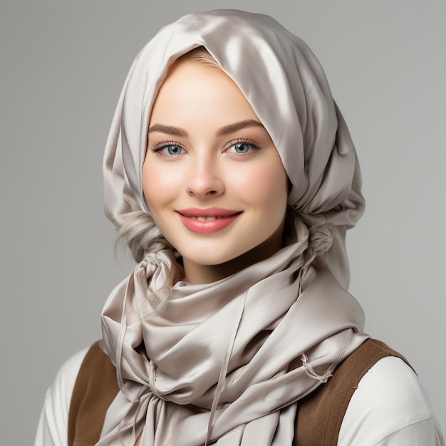 an islamic woman with syari hijab showing her smile