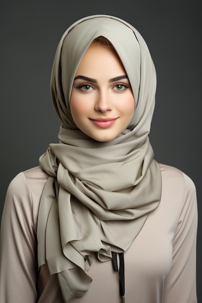 an islamic woman with syari hijab showing her smile