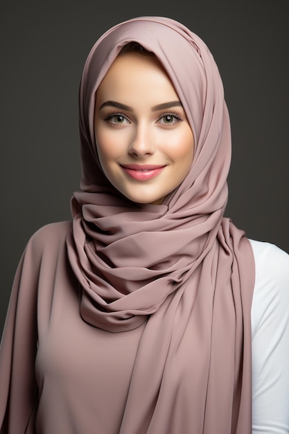 an islamic woman with syari hijab showing her smile