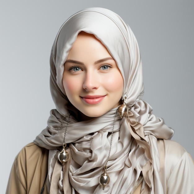 an islamic woman with syari hijab showing her smile