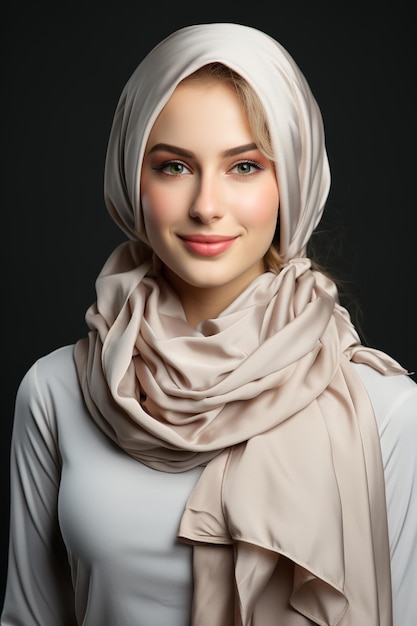 an islamic woman with syari hijab showing her smile