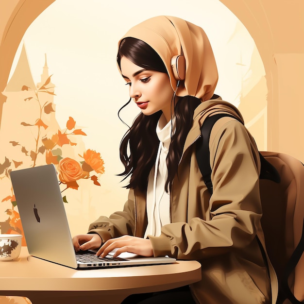 an islamic woman working with her gadget