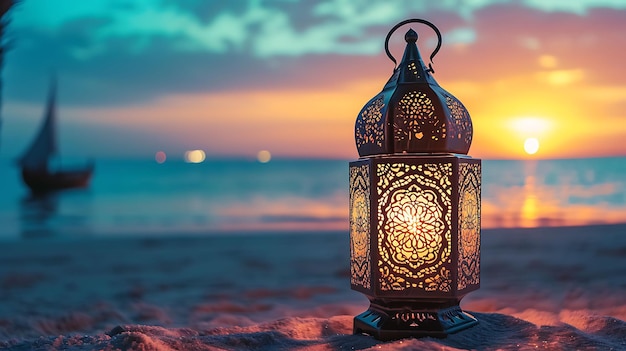 Islamitisch concept lamp Traditionele Arabische lantaarn op het strand Ramadan en Eid Mubarak groeten achtergrond