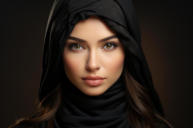 Islamitisch portret met zwarte hijab die naar de camera kijkt op donkere achtergrond Mooie moslimvrouw close-up portret