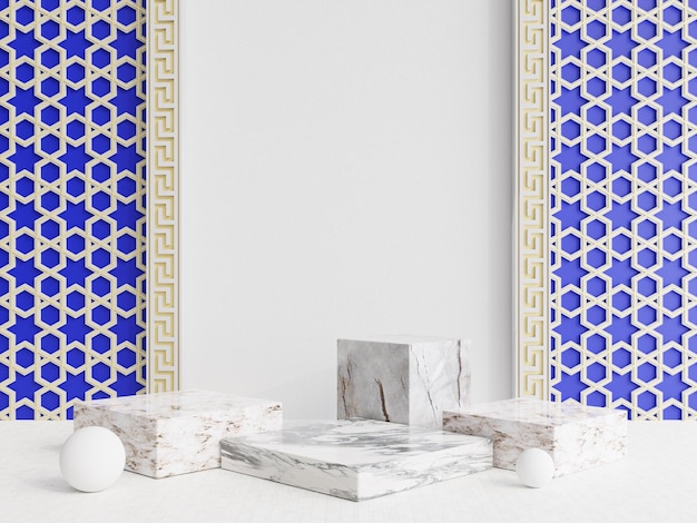 Islamitisch productpresentatie podium met een witte achtergrond 3D-rendering