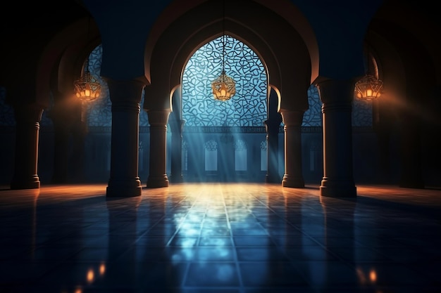 islamitische achtergrond Boogvensters in islamitische stijl Spirituele kamer met zonnestralen Gedetailleerde kunstzinnigheid