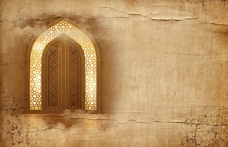 Foto islamitische achtergronddeur in beige kleur op oud papier achtergrond voor ramadan social media posts