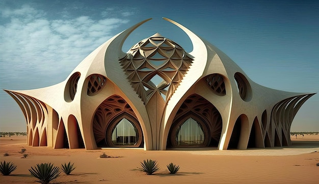 Islamitische architectuur staat bekend om zijn innovatieve ontwerpen die moderne en traditionele elementen combineren, resulterend in ontzagwekkende structuren die tot de verbeelding spreken Gegenereerd door AI