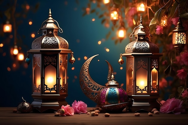 Foto islamitische begroeting ramadan kareem kaart ontwerp met prachtige lantaarns en halve maan