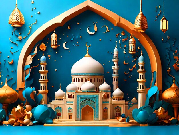 Islamitische decoratie achtergrond met cartoon moskee ramadan kareem mawlid iftar isra miraj eid al