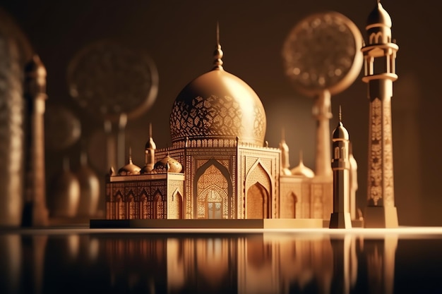 Islamitische decoratie achtergrond met mooie moskee cartoon stijl ramadan kareem mawlid iftar isra miraj eid al fitr adha muharram kopie ruimte tekstgebied 3D illustratie