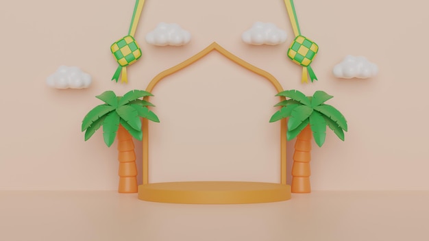 Islamitische decoratie achtergrond ramadan eid arabische woestijn thema banner met 3d illustratie ketupat en palm drum kopie ruimte