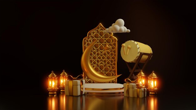 Islamitische Eid alAdha luxe decoratie achtergrond met wassende maan trommel Arabische lantaarns