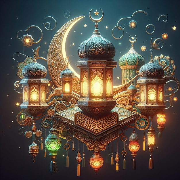 Islamitische feestbanner in paars monotone ontwerp Display podium met Ramadan lantaarn metalen maan