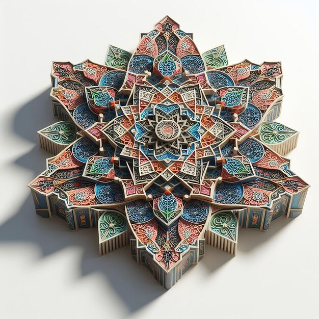 Foto islamitische geometrische kunst in 3d met ingewikkelde patronen en levendige kleuren op witte achtergrond
