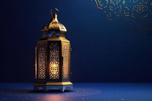Islamitische gouden lantaarn staat kaarslicht en arabisch ornament ramadan kareem achtergrond gegenereerd AI