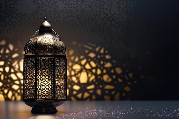 Islamitische gouden lantaarn staat met kaarslicht ornament ramadan kareem groene achtergrond gegenereerd AI