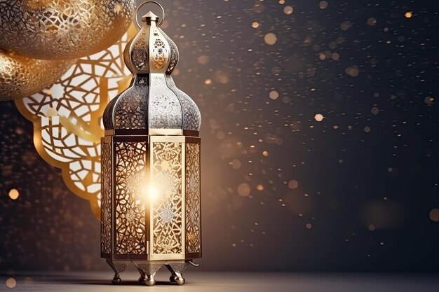 Islamitische gouden lantaarn staat met kaarslicht ornament ramadan kareem groene achtergrond gegenereerd AI