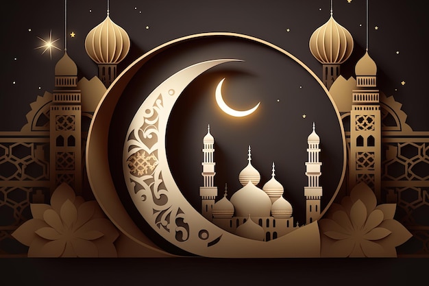 Islamitische groet Eid Mubarak-kaarten voor moslimvakanties EidUlAdha-festivalviering Arabische Ramadan Lantaarn Generatieve AI Crescent Islamitisch met moskee voor Ramadan Kareem