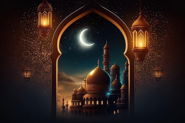 Islamitische groet Eid Mubarak-kaarten voor moslimvakanties EidUlAdha-festivalviering Arabische Ramadan Lantaarn Generatieve AI Crescent Islamitisch met moskee voor Ramadan Kareem