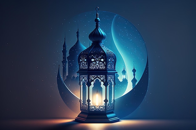 Islamitische groet Eid Mubarak-kaarten voor moslimvakanties EidUlAdha-festivalviering Arabische Ramadan Lantaarn Generatieve AI Crescent Islamitisch met moskee voor Ramadan Kareem