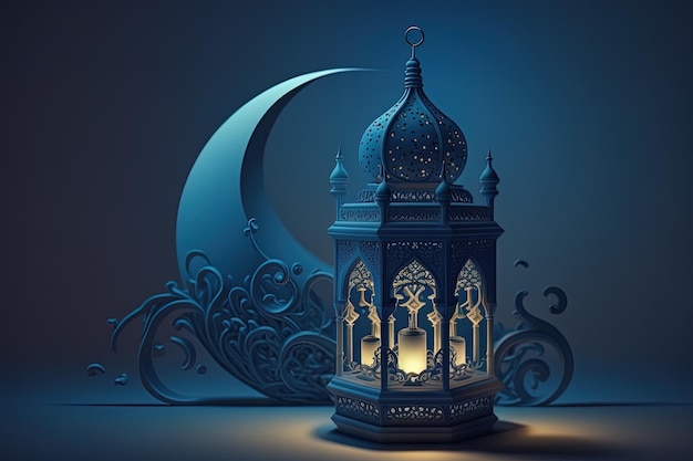 Islamitische groet Eid Mubarak-kaarten voor moslimvakanties EidUlAdha-festivalviering Arabische Ramadan Lantaarn Generatieve AI Crescent Islamitisch met moskee voor Ramadan Kareem