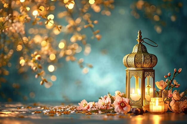 Islamitische groeten Eid Mubarak of Happy Eid kaartontwerp met gouden lantaarn kaarsen bloemen en data