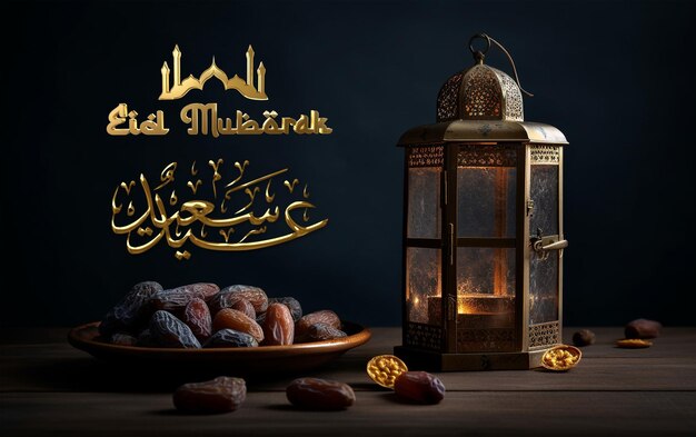 Islamitische groeten Eid Mubarak of Happy Eid-kaartontwerp met prachtige gouden lantaarn en dadels fruit