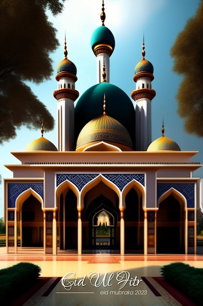 Islamitische groeten Eidulfitr kaart ontwerp achtergrond met prachtige moskee