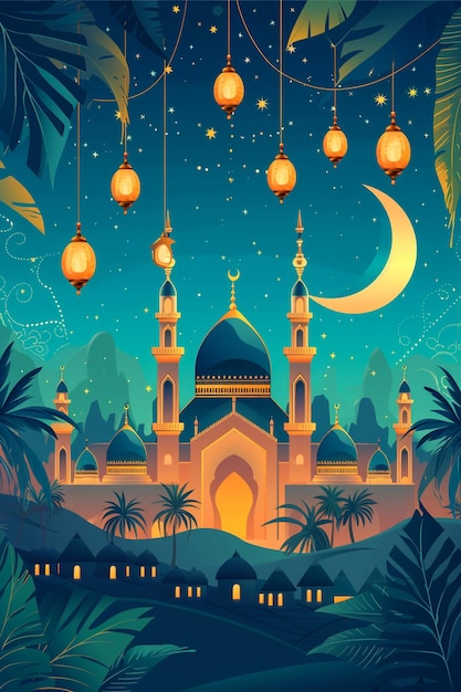 Islamitische halve maan met moskee voor Ramadan Kareem en eid mubarak Gouden halve maan patroon achtergrondvector illustratie