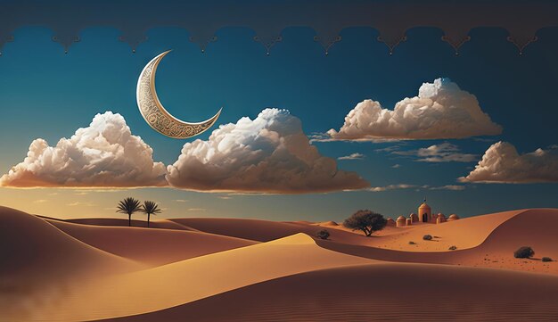 Islamitische illustratie van een wassende maan en realistische wolken met traditionele lantaarns en zandduinen Generatieve ai