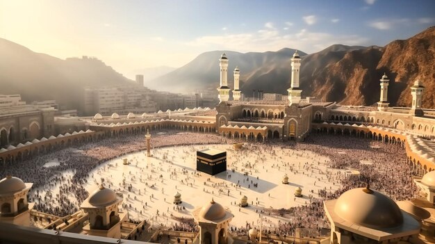 Foto islamitische kaaba in het midden en menigte van moslims over de hele wereld die rond de kaaba in mekka bidden