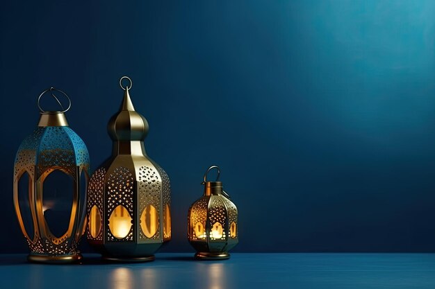 Islamitische lantaarn gouden en blauwe luxe ornament ramadan kareem viering AI gegenereerd