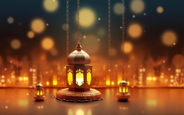 Islamitische lantaarn met blauwe achtergrond met kopieerruimte voor tekst Generative Ai