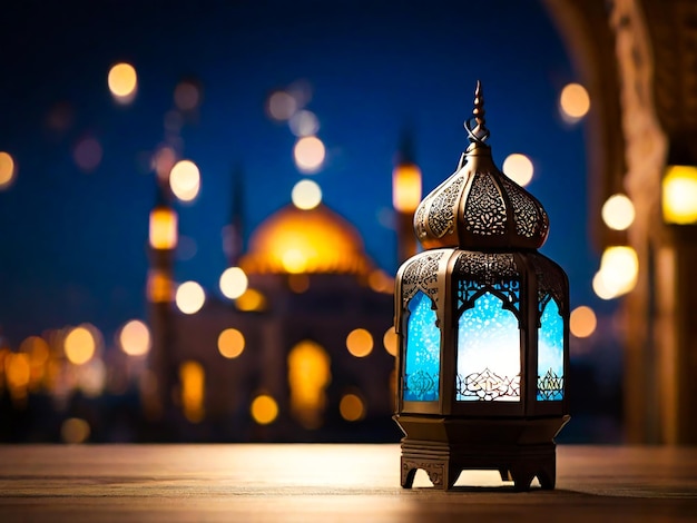 Islamitische lantaarn met een vervaagde moskee met bokeh op de achtergrond voor eid al fitr Ai genarated