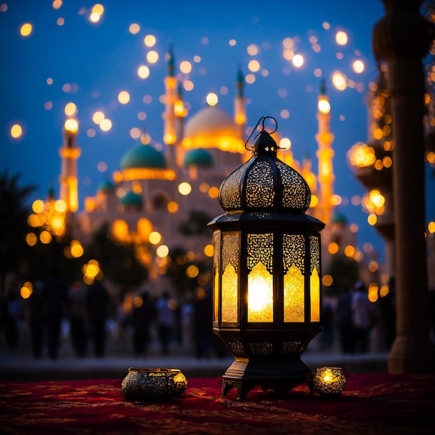 Foto islamitische lantaarn met een vervaagde moskee met bokeh op de achtergrond voor eid al fitr ai genarated