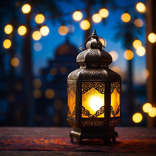 Foto islamitische lantaarn met een vervaagde moskee met bokeh op de achtergrond voor eid al fitr ai genarated