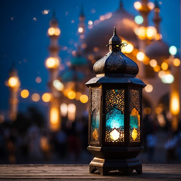 Foto islamitische lantaarn met een vervaagde moskee met bokeh op de achtergrond voor eid al fitr ai genarated